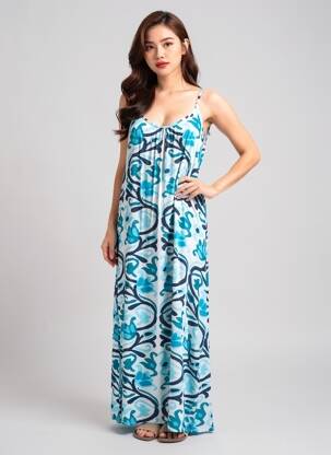 Robe longue imprimé fantaisie fines bretelles bleu LARAETHNICS femme
