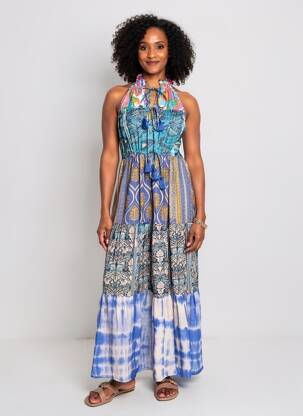 Robe longue imprimé fantaisie sans manche bleu LARAETHNICS femme