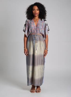 Robe longue imprimé fantaisie manches courtes bleu LARAETHNICS femme