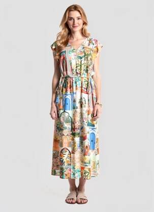 Robe longue imprimé fantaisie manches courtes beige GEISHA femme