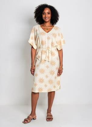 Robe mi-longue coupe fluide manches courtes beige SURKANA femme