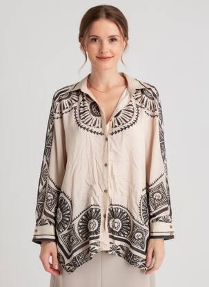 Chemisier imprimé fantaisie manches longues beige NEKANE femme