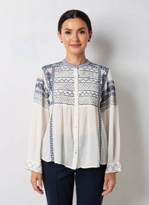 Blouse col rond manches longues bleu MAISON HOTEL femme