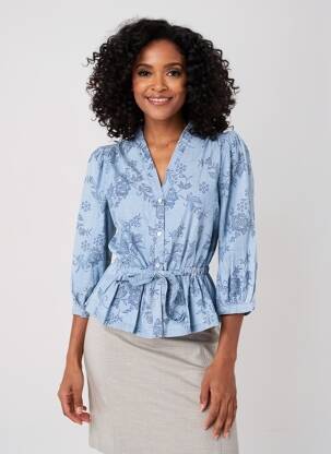 Blouse poignets boutonnés avec fente manches 3/4 bleu GEISHA femme