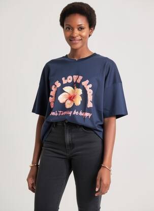 T-shirt sérigraphie floquée manches courtes bleu MARCELLO COLLECTION femme