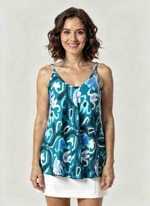 Top imprimé fantaisie fines bretelles bleu LARAETHNICS femme