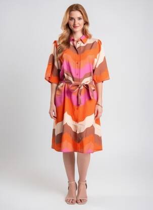 Robe mi-longue coupe fluide manches courtes orange GEISHA femme