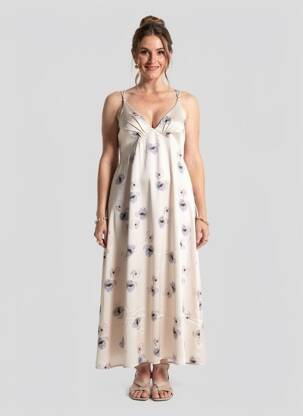 Robe longue imprimé fleurs fines bretelles blanc NEKANE femme