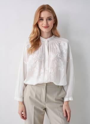 Blouse tissage popeline manches longues blanc LARAETHNICS femme
