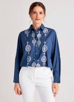 Chemisier tissage popeline manches longues bleu LARAETHNICS femme