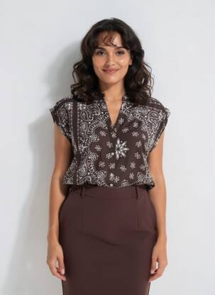 Top imprimé fantaisie manches courtes marron LARAETHNICS femme