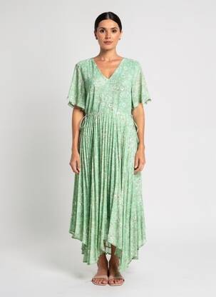 Robe longue imprimé fleurs manches courtes vert CREAM femme