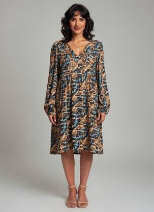Robe mi-longue imprimé fantaisie manches longues marron LOLA ESPELETA femme