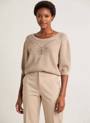 Pull maille souple et aérée manches 3/4 marron CREAM femme