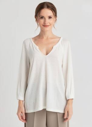 Top col v manches 3/4 blanc CREAM femme
