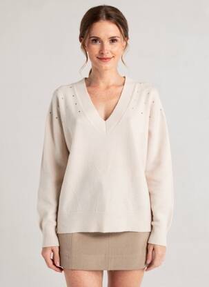 Pull col v manches longues beige LOSAN femme