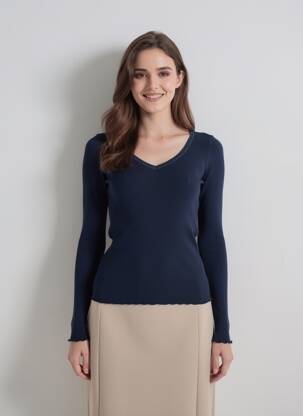 Pull col v manches longues bleu VITTORIA femme