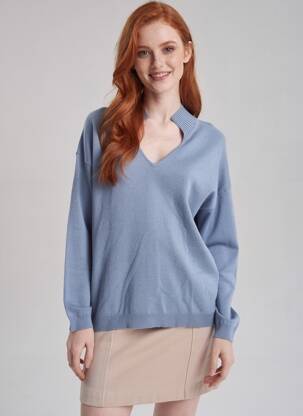 Pull col v manches longues bleu REPEAT femme