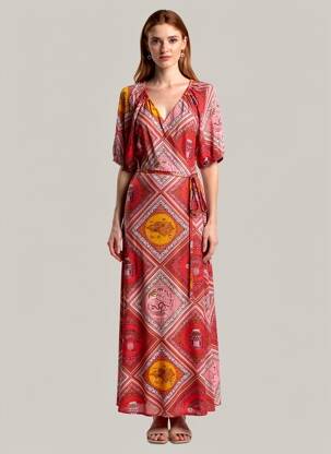 Robe longue imprimé fantaisie manches courtes rouge SURKANA femme