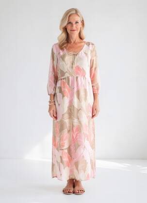 Robe longue imprimé fantaisie manches 3/4 rose BIANCA femme