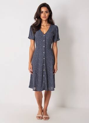 Robe mi-longue tissage crêpe manches courtes bleu ONLY femme