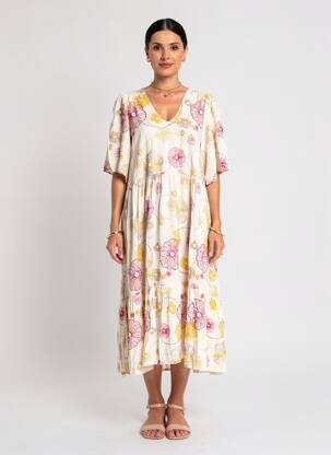 Robe mi-longue imprimé fleurs manches courtes beige ZILCH femme