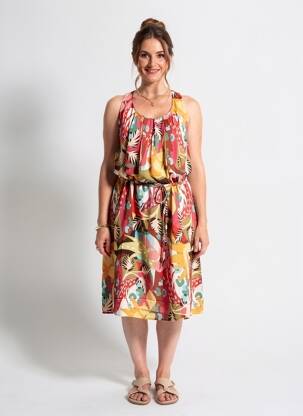 Robe mi-longue imprimé fleurs sans manche rouge C'EST BEAU LA VIE femme