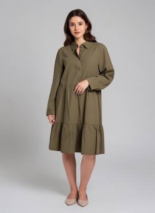 Robe mi-longue tissage crêpe manches longues vert KAFFE femme