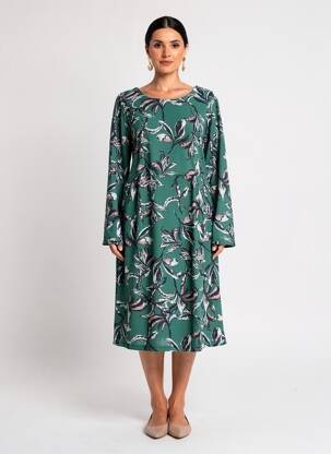 Robe mi-longue imprimé fleurs manches longues vert LILY & ME femme
