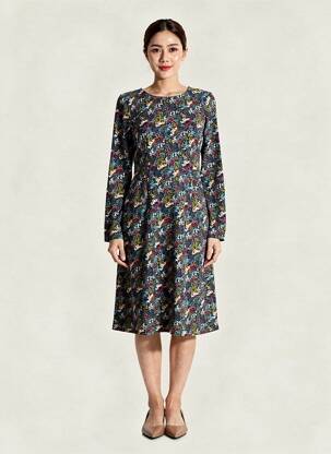 Robe mi-longue imprimé fleurs manches longues bleu LILY & ME femme