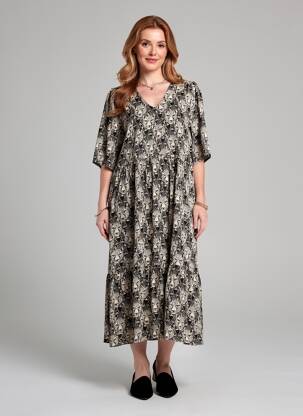 Robe mi-longue imprimé fantaisie manches courtes noir ZILCH femme