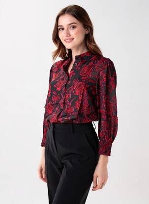 Chemisier imprimé fleurs manches longues rouge KAFFE femme