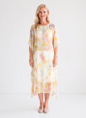 Robe longue imprimé fantaisie manches courtes beige ZHENZI femme
