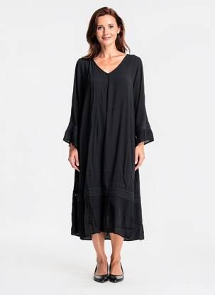 Robe mi-longue tissage crêpe manches longues noir ZHENZI femme