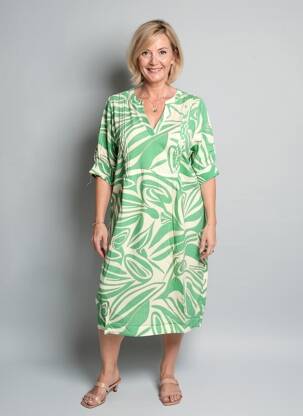Robe mi-longue imprimé fantaisie manches courtes vert ZHENZI femme