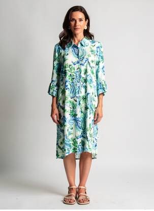 Robe mi-longue coupe fluide manches courtes bleu ZHENZI femme