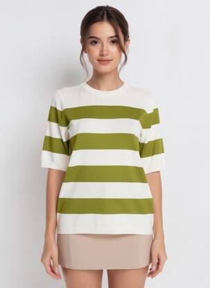 Pull coupe droite manches courtes vert KAFFE femme