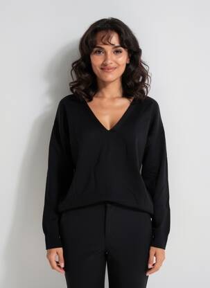 Pull col v manches longues noir MORGAN femme