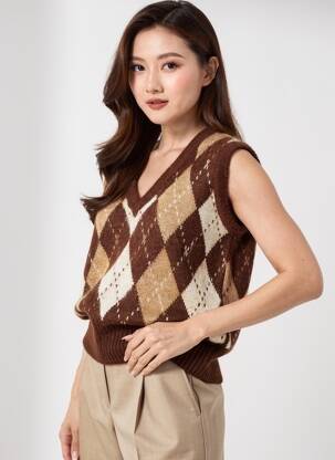 Pull col v sans manche marron ONLY femme
