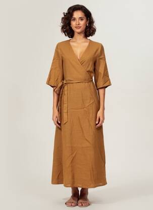 Robe longue coupe cintrée manches 3/4 marron INDI & COLD femme