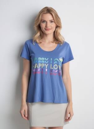 T-shirt sérigraphie floquée manches courtes bleu HAPPY femme