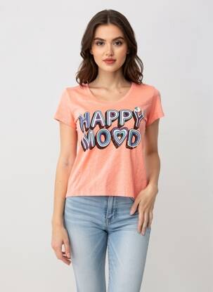 T-shirt sérigraphie floquée manches courtes orange HAPPY femme