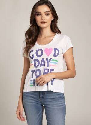 T-shirt sérigraphie floquée manches courtes blanc HAPPY femme