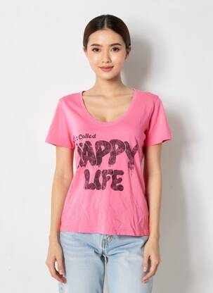T-shirt sérigraphie floquée manches courtes rose HAPPY femme