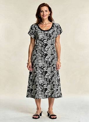 Robe mi-longue imprimé fantaisie manches courtes noir DEIDAD femme