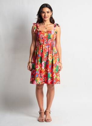 Robe mi-longue imprimé fleurs fines bretelles rouge YSABEL MORA femme