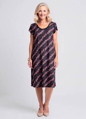 Robe mi-longue imprimé fantaisie manches courtes noir DEIDAD femme