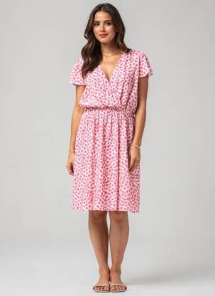 Robe mi-longue imprimé fleurs manches courtes rose MAELLE femme