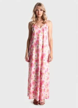 Robe longue imprimé fleurs fines bretelles rose MISS CARLA femme