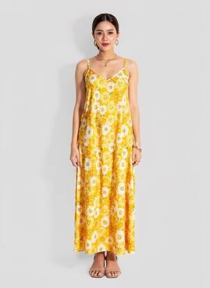 Robe longue imprimé fleurs fines bretelles orange MISS CARLA femme